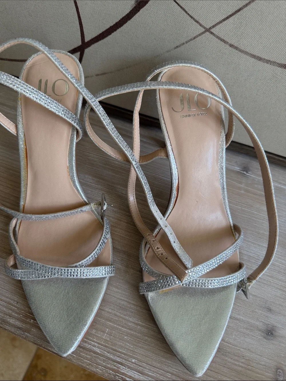 NWOT J . Lo Silver Glitter Strappy Pointed Heels with Ankle Strap